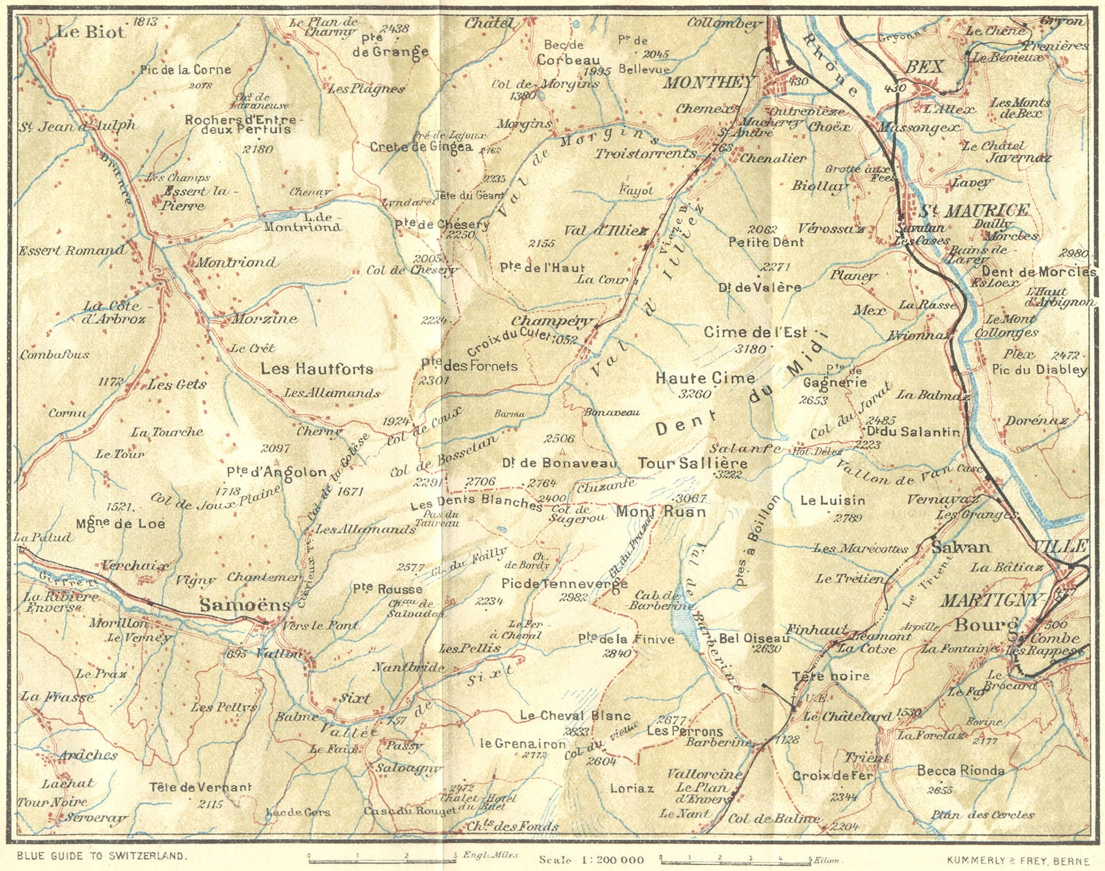 SWITZERLAND. Morgins-Champery-Sixt-Martigny 1923 old antique map plan chart